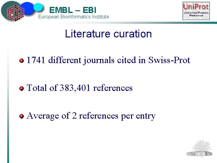 EMBL – EBI European Bioinformatics Institute Literature curation 1741 different journals cited in Swiss-Prot