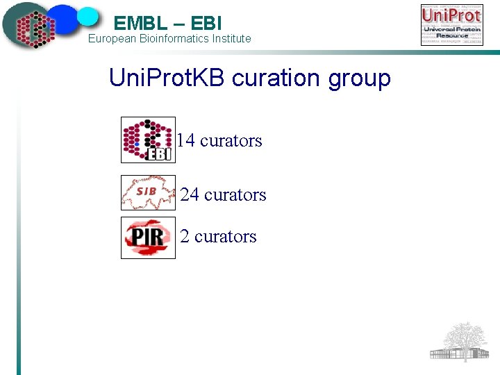 EMBL – EBI European Bioinformatics Institute Uni. Prot. KB curation group 14 curators 2