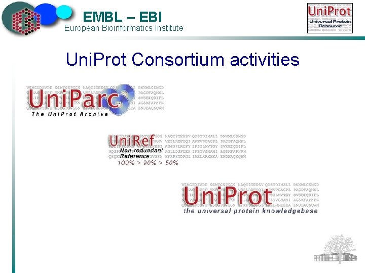 EMBL – EBI European Bioinformatics Institute Uni. Prot Consortium activities 