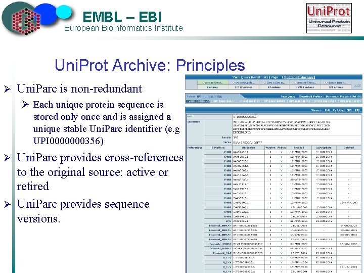 EMBL – EBI European Bioinformatics Institute Uni. Prot Archive: Principles Ø Uni. Parc is