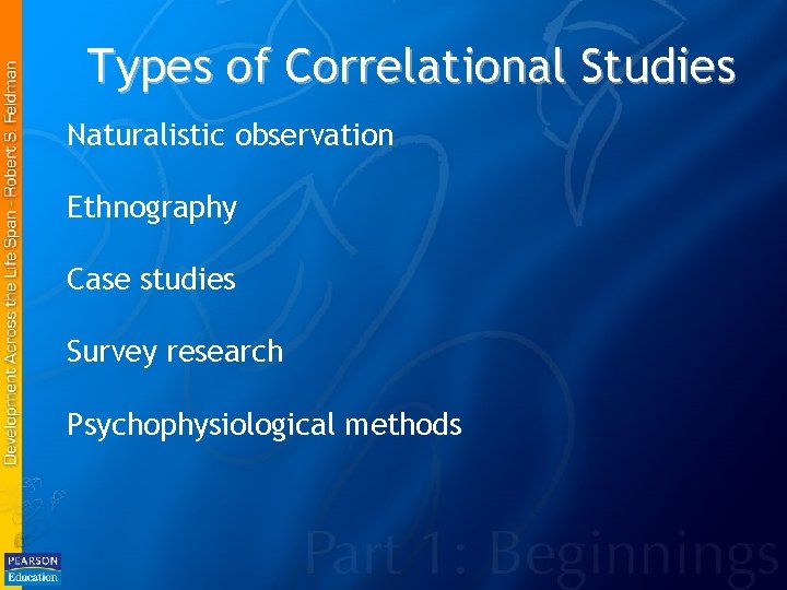 Types of Correlational Studies Naturalistic observation Ethnography Case studies Survey research Psychophysiological methods 