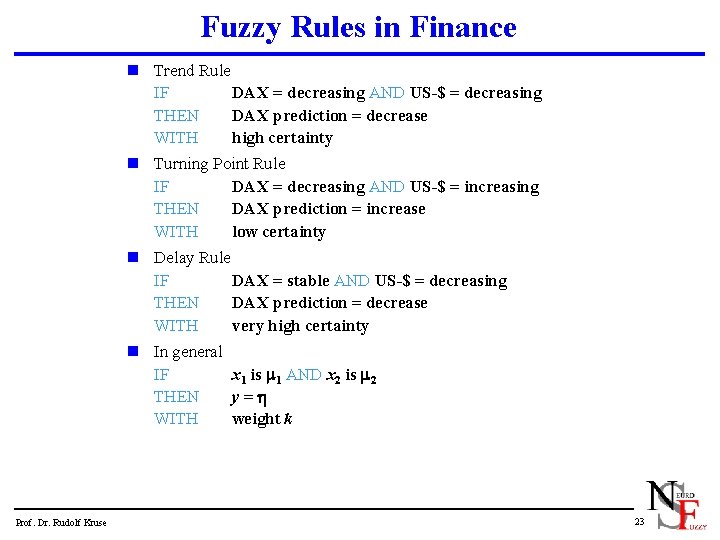 Fuzzy Rules in Finance n Trend Rule IF DAX = decreasing AND US-$ =