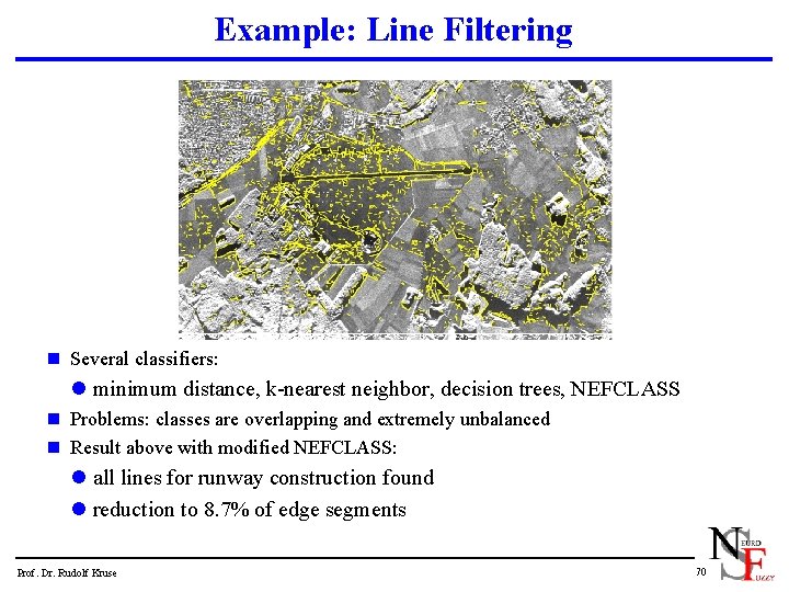 Example: Line Filtering n Several classifiers: l minimum distance, k-nearest neighbor, decision trees, NEFCLASS