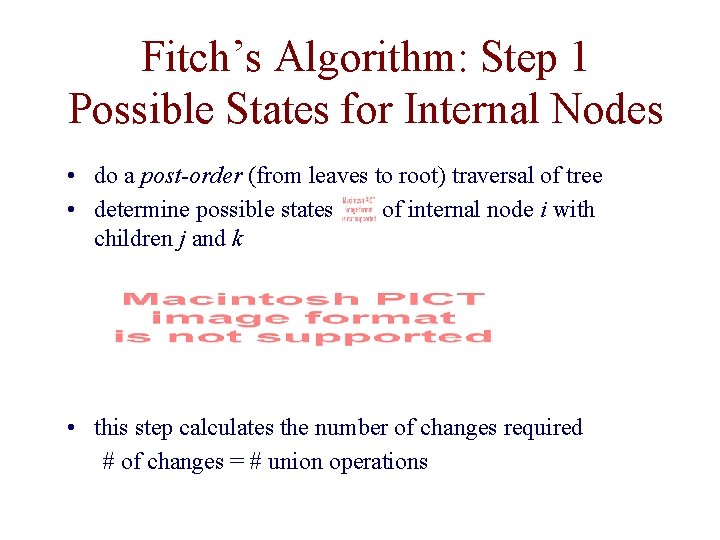 Fitch’s Algorithm: Step 1 Possible States for Internal Nodes • do a post-order (from
