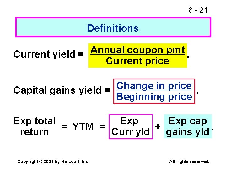 8 - 21 Definitions Annual coupon pmt Current yield =. Current price Capital gains