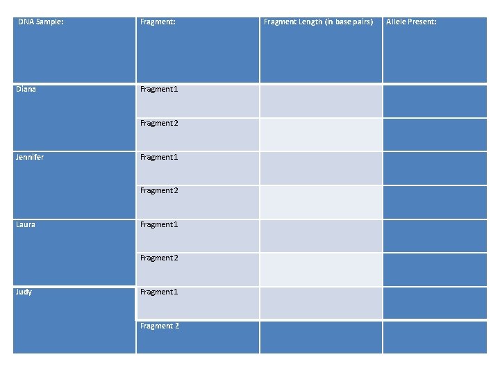  DNA Sample: Fragment Length (in base pairs) Allele Present: Diana Fragment 1 Fragment