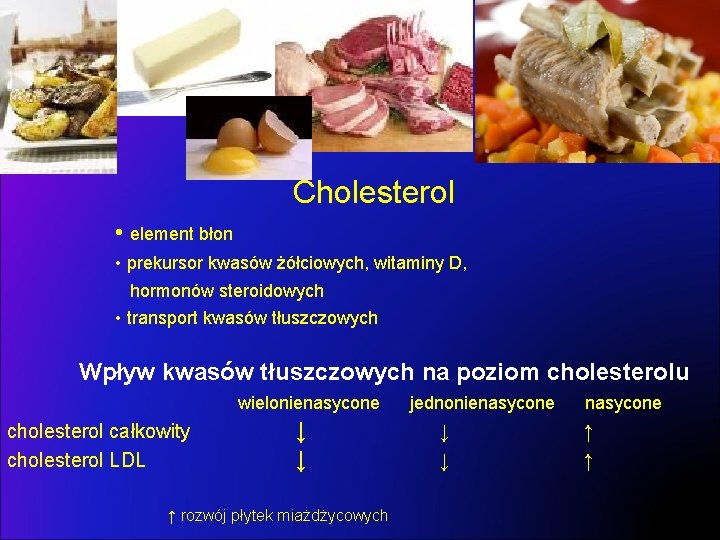 Cholesterol • element błon • prekursor kwasów żółciowych, witaminy D, hormonów steroidowych • transport