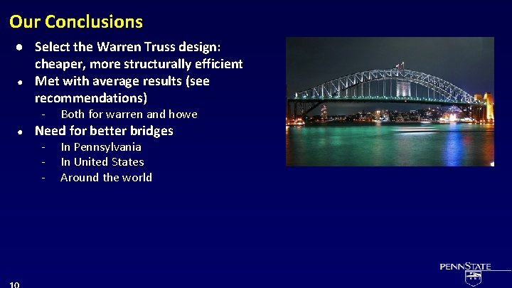 Our Conclusions ● Select the Warren Truss design: cheaper, more structurally efficient ● Met