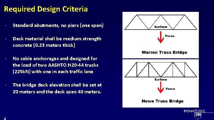 Required Design Criteria - Standard abutments, no piers (one span) - Deck material shall