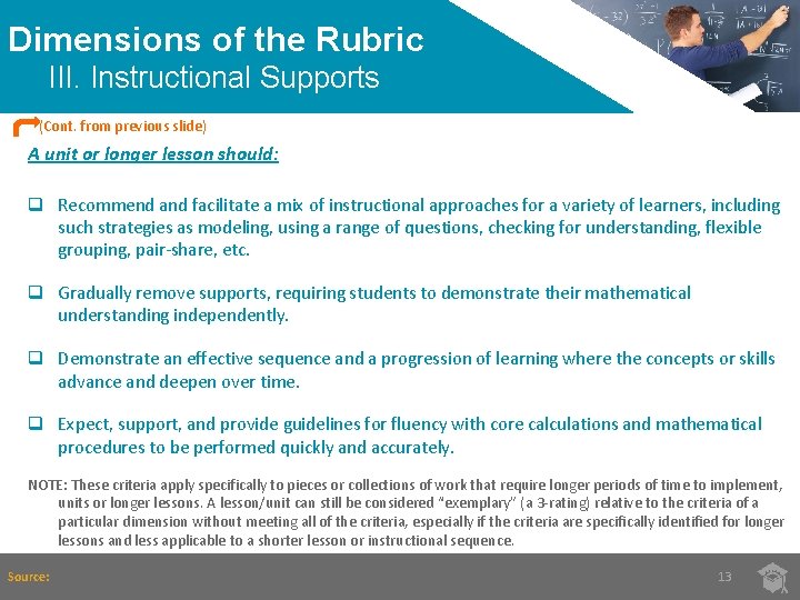 Dimensions of the Rubric III. Instructional Supports (Cont. from previous slide) A unit or