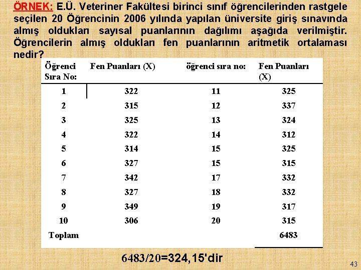 ÖRNEK: E. Ü. Veteriner Fakültesi birinci sınıf öğrencilerinden rastgele seçilen 20 Öğrencinin 2006 yılında