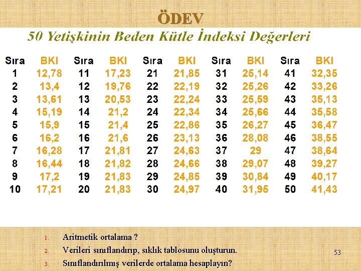 ÖDEV 1. 2. 3. Aritmetik ortalama ? Verileri sınıflandırıp, sıklık tablosunu oluşturun. Sınıflandırılmış verilerde