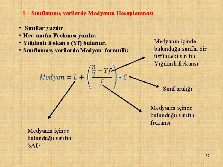 l – Sınıflanmış verilerde Medyanın Hesaplanması • • Sınıflar yazılır Her sınıfın Frekansı yazılır.