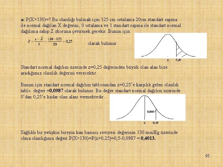 a: P(X>130)=? Bu olasılığı bulmak için 125 cm ortalama 20 cm standart sapma ile