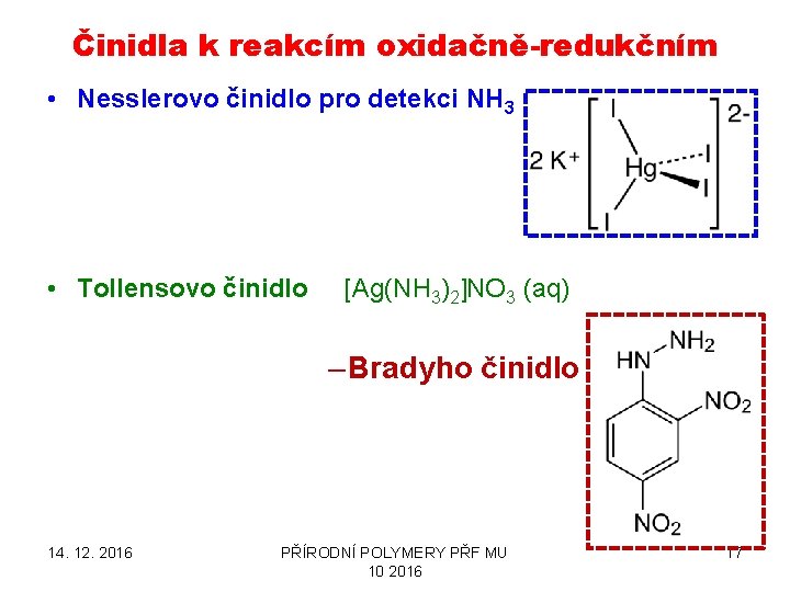 Činidla k reakcím oxidačně-redukčním • Nesslerovo činidlo pro detekci NH 3 • Tollensovo činidlo