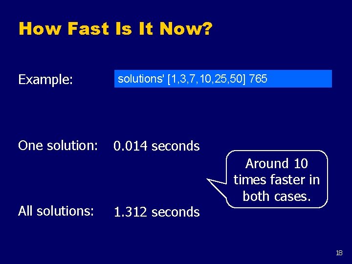 How Fast Is It Now? Example: One solution: All solutions: solutions' [1, 3, 7, How Fast Is It Now? Example: One solution: All solutions: solutions' [1, 3, 7,