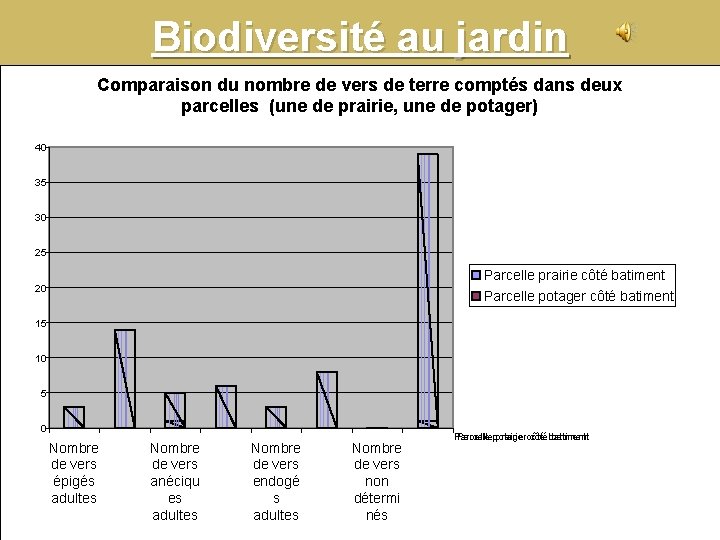 Biodiversité au jardin Comparaison du nombre de vers de terre comptés dans deux parcelles Biodiversité au jardin Comparaison du nombre de vers de terre comptés dans deux parcelles