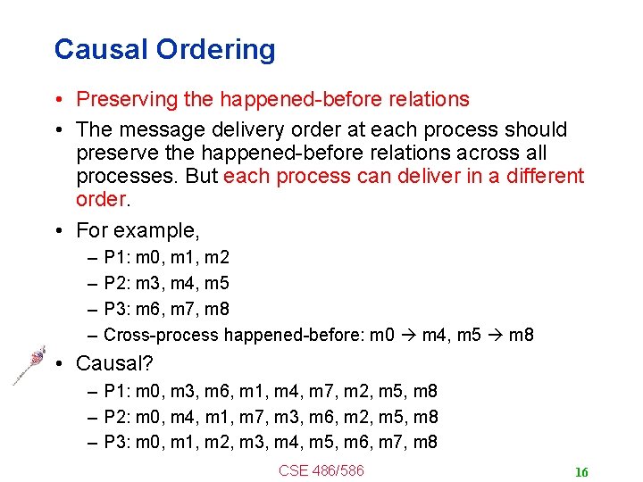 Causal Ordering • Preserving the happened-before relations • The message delivery order at each