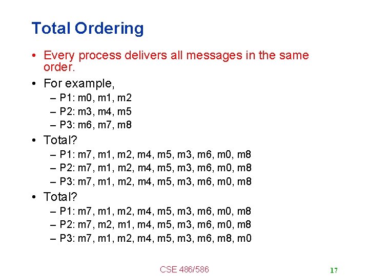 Total Ordering • Every process delivers all messages in the same order. • For