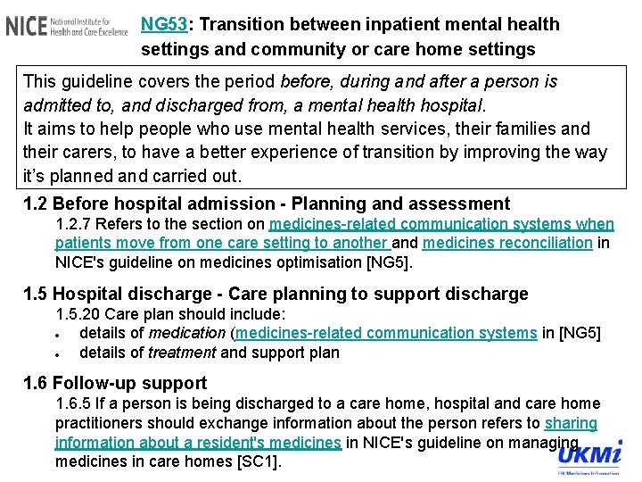 NG 53: Transition between inpatient mental health settings and community or care home settings