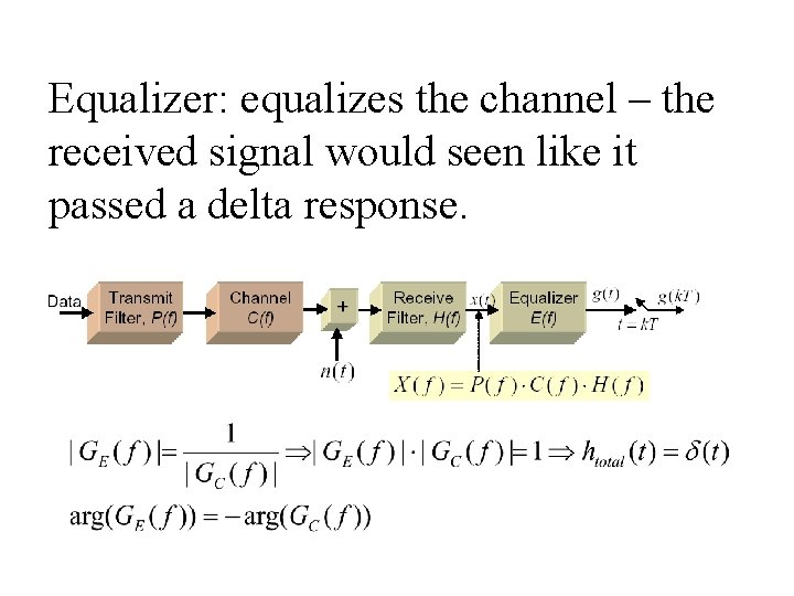 Equalizer: equalizes the channel – the received signal would seen like it passed a