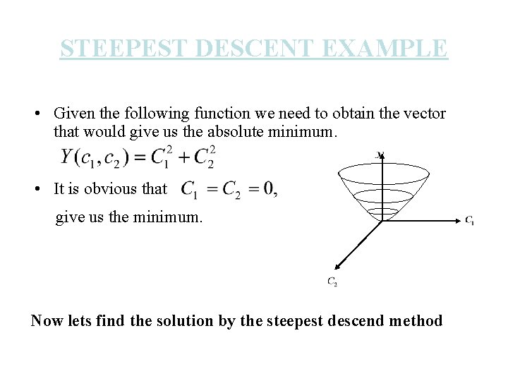 STEEPEST DESCENT EXAMPLE • Given the following function we need to obtain the vector