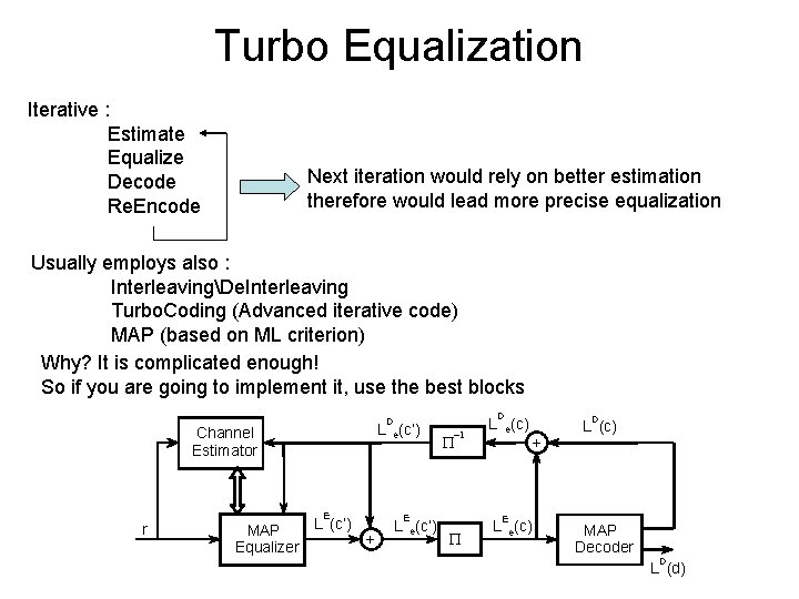 Turbo Equalization Iterative : Estimate Equalize Decode Re. Encode Next iteration would rely on