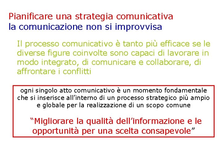 Pianificare una strategia comunicativa la comunicazione non si improvvisa Il processo comunicativo è tanto