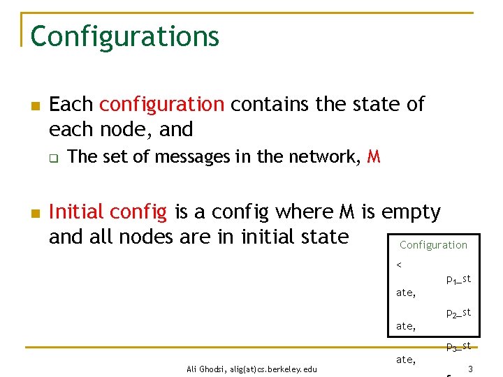 Configurations n Each configuration contains the state of each node, and q n The