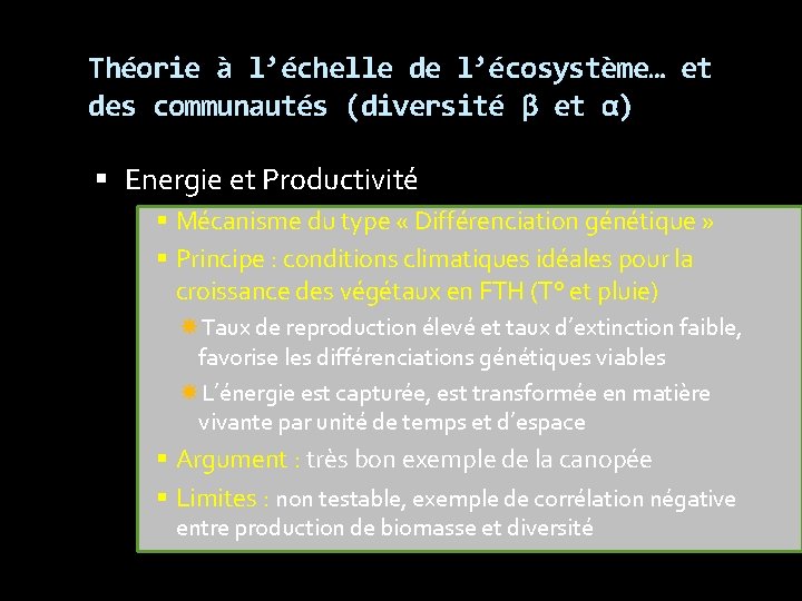 Théorie à l’échelle de l’écosystème… et des communautés (diversité β et α) Energie et