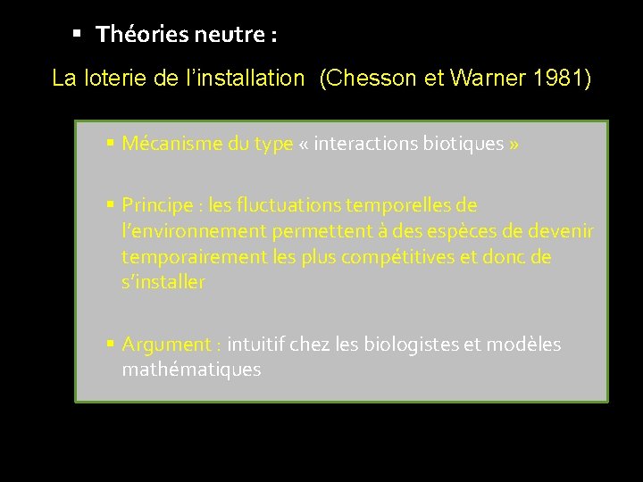  Théories neutre : La loterie de l’installation (Chesson et Warner 1981) Mécanisme du