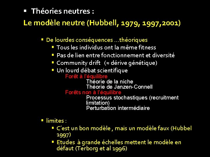  Théories neutres : Le modèle neutre (Hubbell, 1979, 1997, 2001) De lourdes conséquences