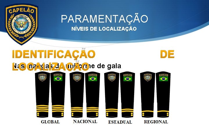 PARAMENTAÇÃO NÍVEIS DE LOCALIZAÇÃO IDENTIFICAÇÃO Nas mangas do uniforme de gala LOCALIZAÇÃO DE 