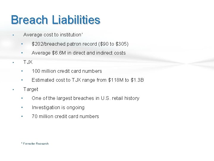 Breach Liabilities Average cost to institution₁ • • $202/breached patron record ($90 to $305)