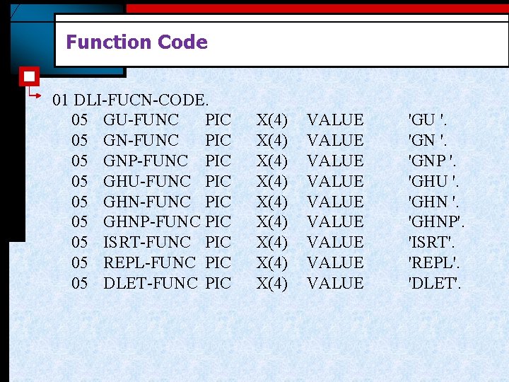 Function Code 01 DLI-FUCN-CODE. 05 GU-FUNC PIC 05 GNP-FUNC PIC 05 GHU-FUNC PIC 05