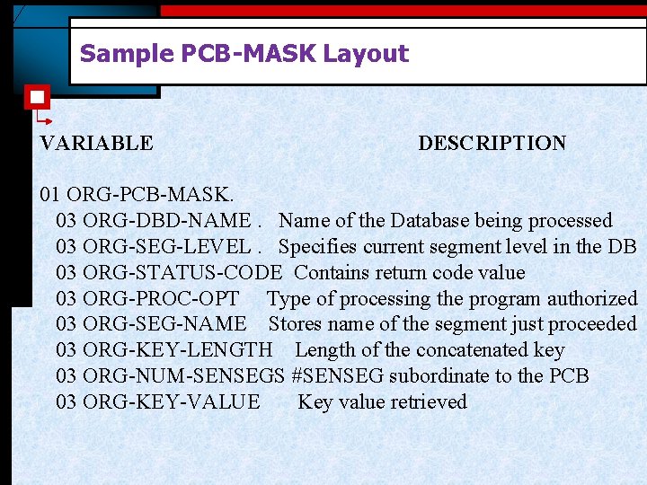 Sample PCB-MASK Layout VARIABLE DESCRIPTION 01 ORG-PCB-MASK. 03 ORG-DBD-NAME. Name of the Database being