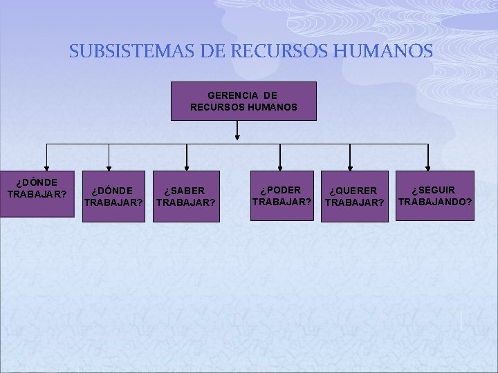 SUBSISTEMAS DE RECURSOS HUMANOS GERENCIA DE RECURSOS HUMANOS ¿DÓNDE TRABAJAR? ¿SABER TRABAJAR? ¿PODER TRABAJAR? SUBSISTEMAS DE RECURSOS HUMANOS GERENCIA DE RECURSOS HUMANOS ¿DÓNDE TRABAJAR? ¿SABER TRABAJAR? ¿PODER TRABAJAR?