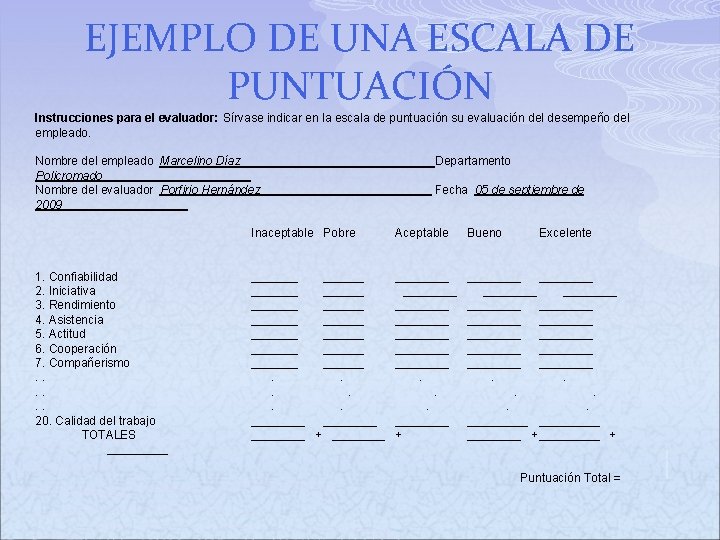 EJEMPLO DE UNA ESCALA DE PUNTUACIÓN Instrucciones para el evaluador: Sírvase indicar en la EJEMPLO DE UNA ESCALA DE PUNTUACIÓN Instrucciones para el evaluador: Sírvase indicar en la
