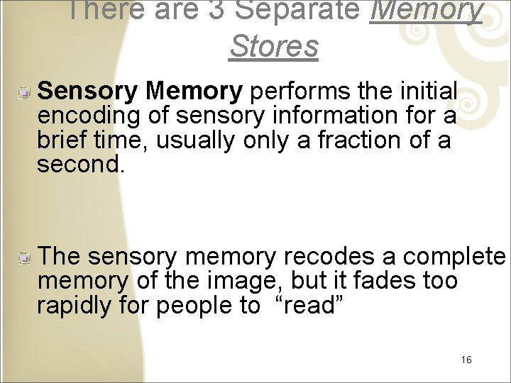 There are 3 Separate Memory Stores Sensory Memory performs the initial encoding of sensory