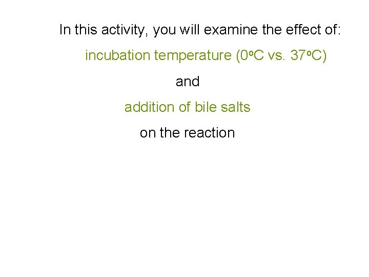 In this activity, you will examine the effect of: incubation temperature (0 o. C