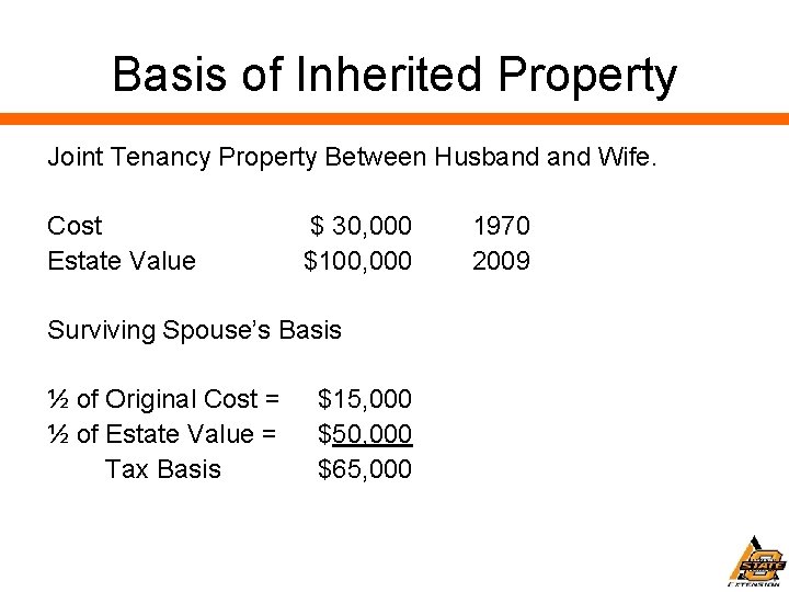 Basis of Inherited Property Joint Tenancy Property Between Husband Wife. Cost Estate Value $
