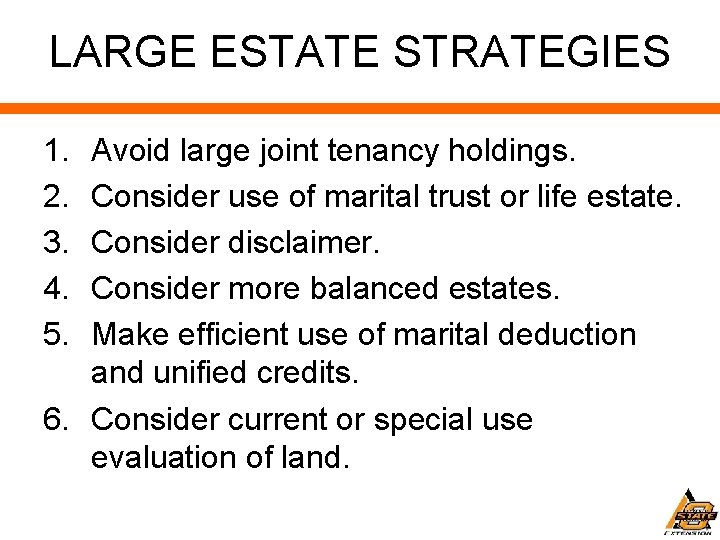 LARGE ESTATE STRATEGIES 1. 2. 3. 4. 5. Avoid large joint tenancy holdings. Consider