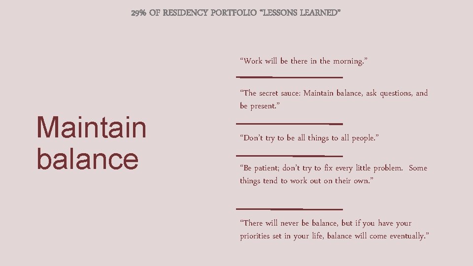 29% OF RESIDENCY PORTFOLIO “LESSONS LEARNED” “Work will be there in the morning. ”