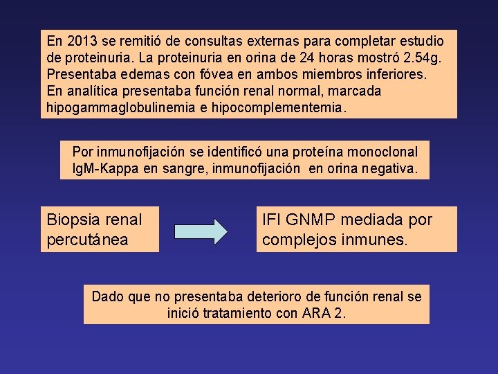 En 2013 se remitió de consultas externas para completar estudio de proteinuria. La proteinuria