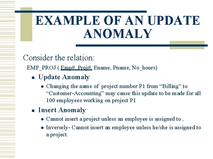 EXAMPLE OF AN UPDATE ANOMALY Consider the relation: EMP_PROJ ( Emp#, Proj#, Ename, Pname,