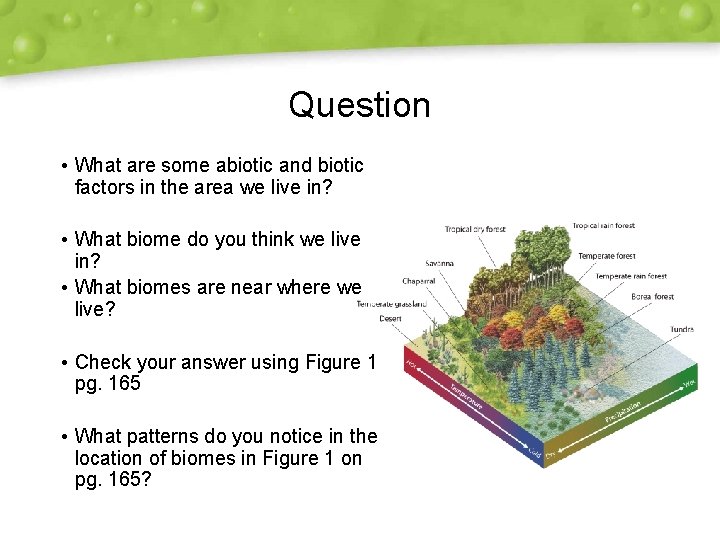 Question • What are some abiotic and biotic factors in the area we live