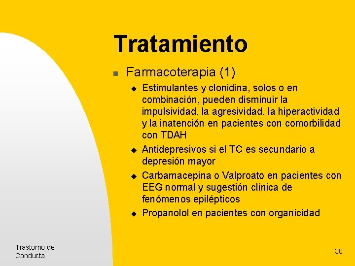 Tratamiento n Farmacoterapia (1) u u Trastorno de Conducta Estimulantes y clonidina, solos o Tratamiento n Farmacoterapia (1) u u Trastorno de Conducta Estimulantes y clonidina, solos o