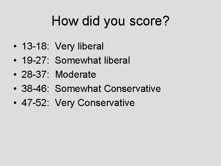 How did you score? • • • 13 -18: Very liberal 19 -27: Somewhat