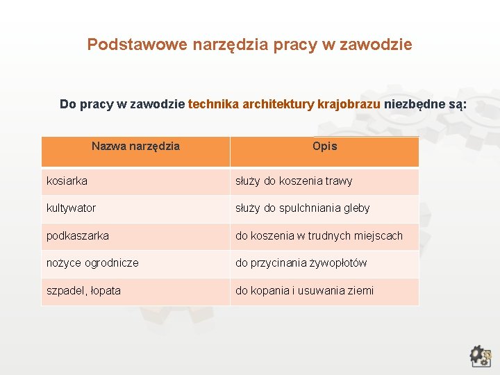 Podstawowe narzędzia pracy w zawodzie Do pracy w zawodzie technika architektury krajobrazu niezbędne są: