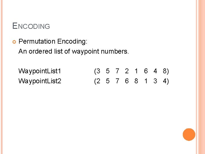 ENCODING Permutation Encoding: An ordered list of waypoint numbers. Waypoint. List 1 Waypoint. List